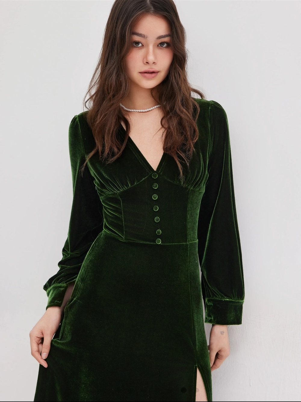Velvet V-Neck Button-Front Maxi Dress in Forest Green